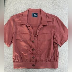 Abercrombie & Fitch Women's Cropped Terracotta Button-Down Shirt